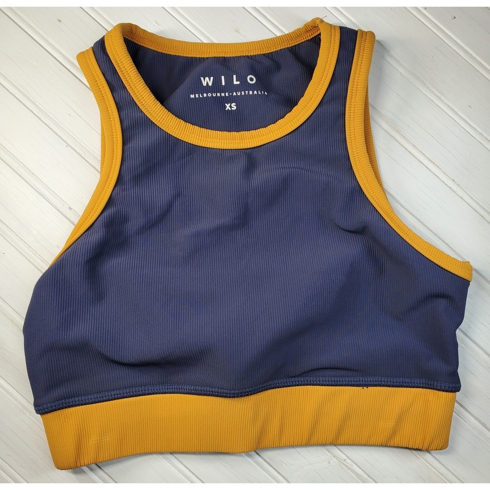 Wilo Label Sports Bra Size XS Racerback Blue Color With Yellow Trim Australia